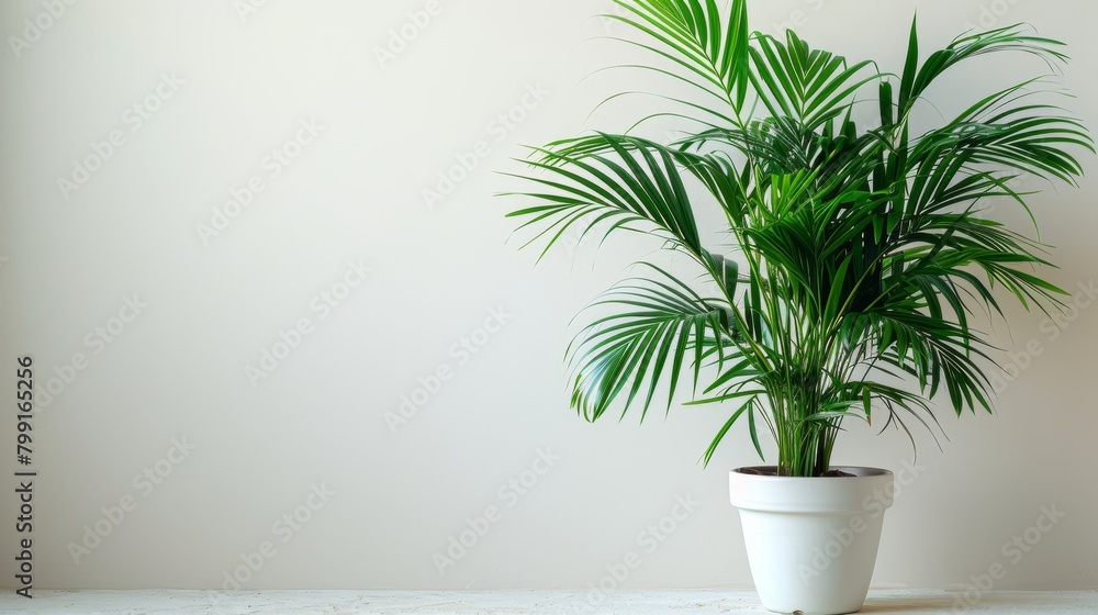 Isolated white background with grey Kentia Palm Tree in pots.