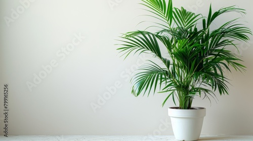 Isolated white background with grey Kentia Palm Tree in pots.