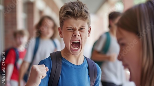 Aggressive student or middle school boy shouting screaming at his schoolmates as bullying and uncontrolled behavior concept