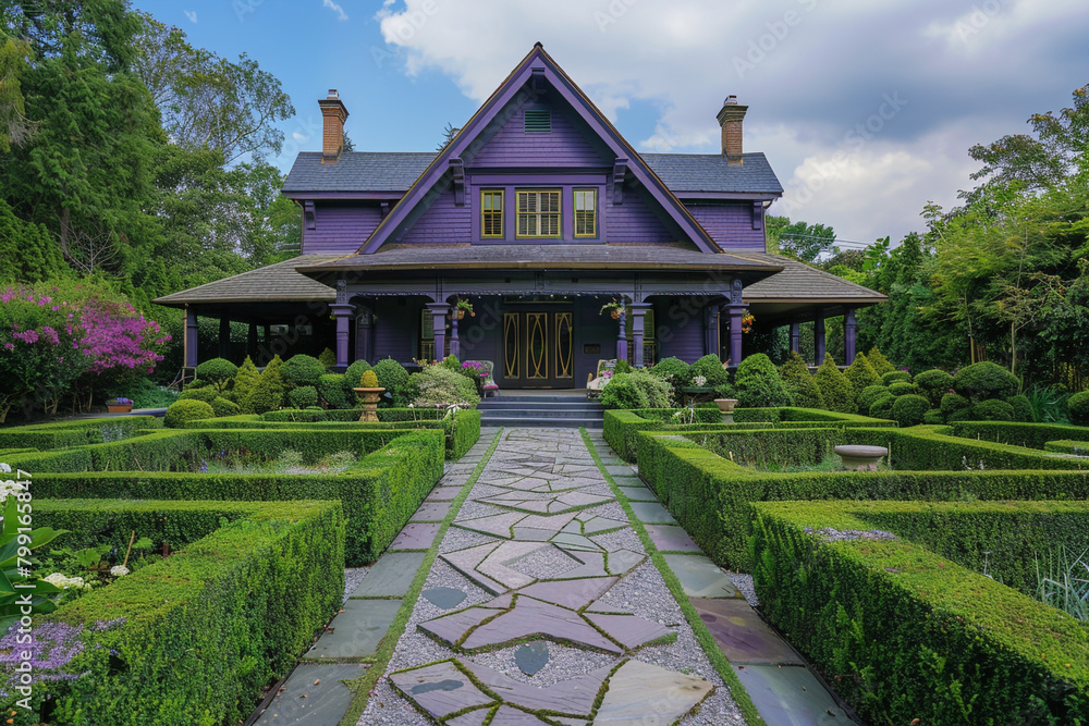 Frontal view of a majestic purple craftsman cottage with a bold twenty-two pitched roof, framed by a geometrically patterned hedge maze