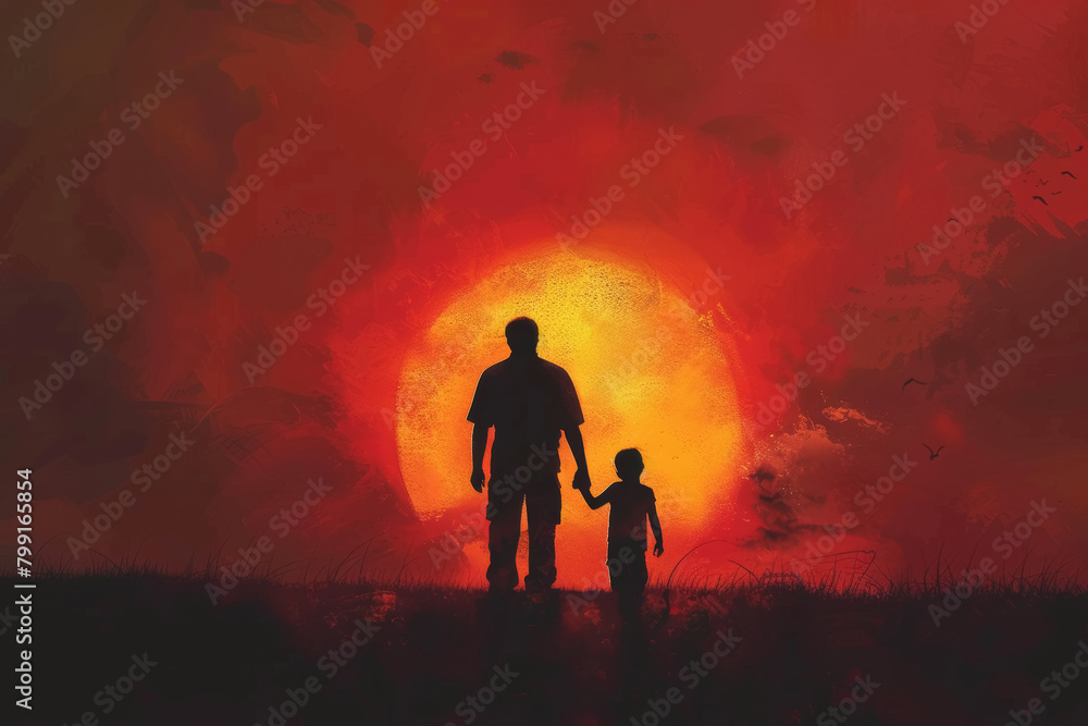 Fototapeta premium Father and Child at Sunset, Warm Silhouette Illustration