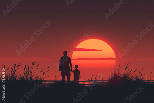 Father and Child at Sunset, Warm Silhouette Illustration