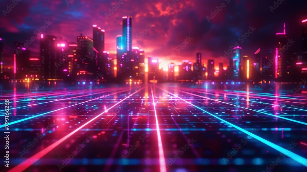 Electric neon cityscape with radiant grid lines