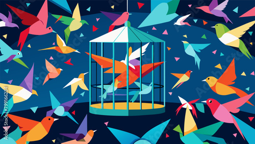 A World Unbound A largescale installation featuring hundreds of colorful origami birds flying out of a cage representing the idea of freedom and. Vector illustration