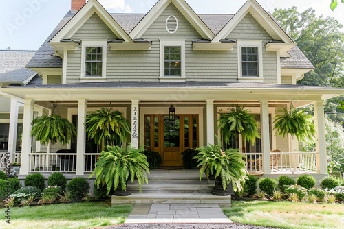 Full front view of a classic house in light olive, with a large, welcoming front porch and hanging fern baskets.