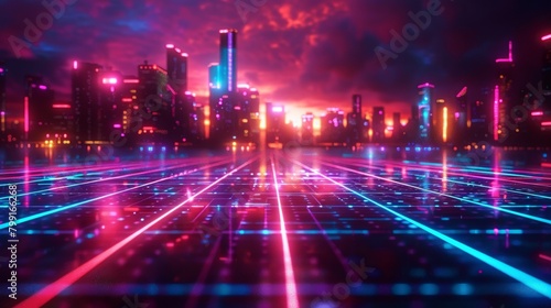 Electric neon cityscape with radiant grid lines