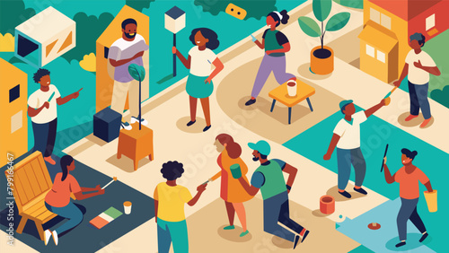 An overhead view of a bustling street corner with people of all ages and backgrounds painting a Juneteenth mural that tells the story of emancipation. Vector illustration