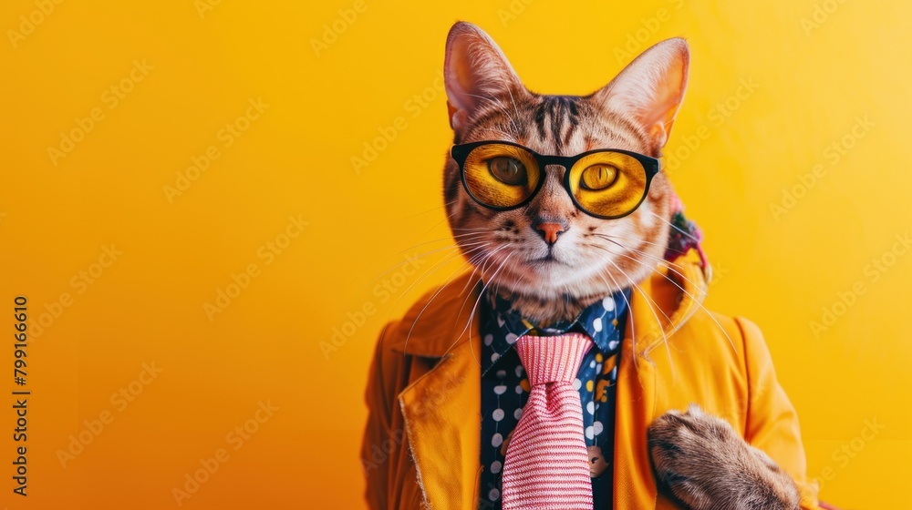 A cat wearing glasses and a tie is standing in front of a yellow background. The cat's eyes are open and it is looking at the camera. The image has a playful and whimsical mood