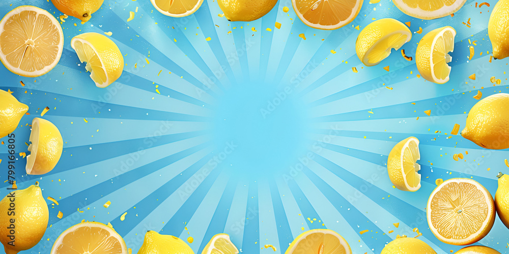 Frame from lemon slices blue pastel table top view Ingredients for summer with copyspace text