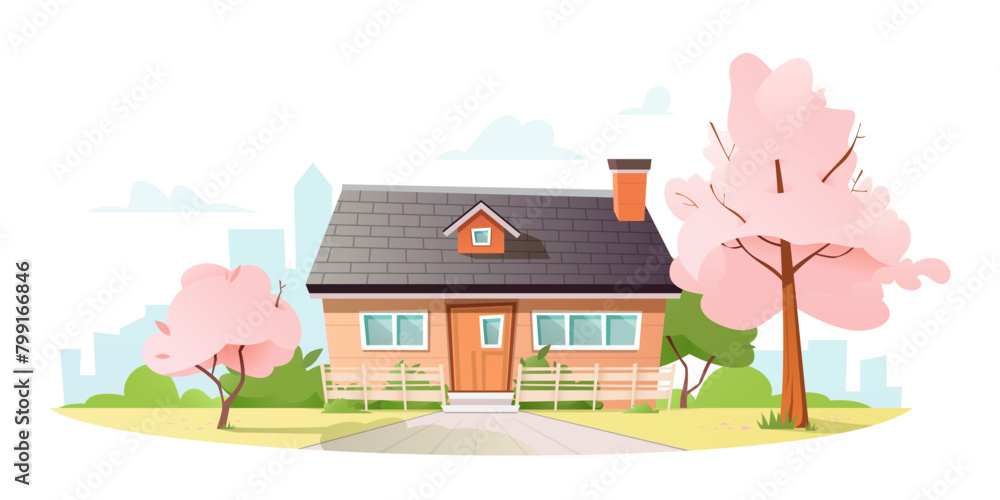 Small house among pink flowering cherry trees. Green lawn. City buildings under sky with clouds in the background. Spring ambiance. Flat cartoon vector illustration Small house among pink flowering cherry trees. Green lawn. City buildings under sky with clouds in the background. Spring ambiance. Flat cartoon vector illustration