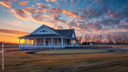 Golden hour over a new clubhouse with a white porch and gable roof, highlighting the semi-circle window.