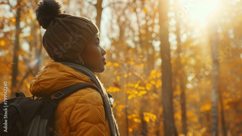 Woman Hiking in Autumn Forest