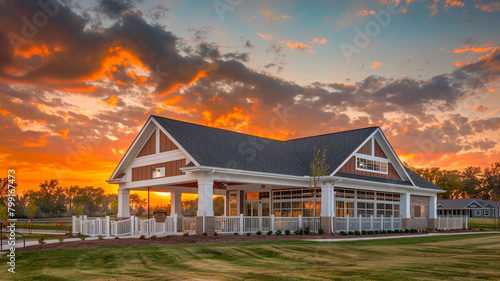 High-definition sunset backdrop to a newly built clubhouse with a white porch and gable roof.