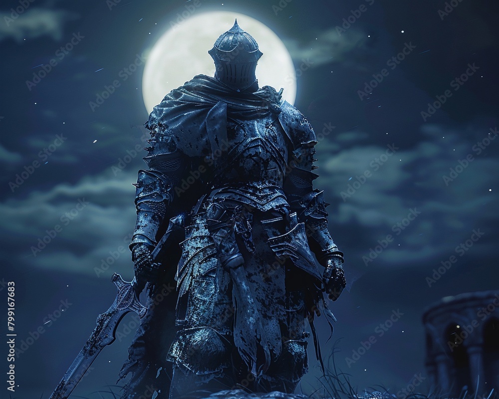Naklejka premium Capture the frontal view of a resilient crusader standing tall in the night under the soft, moonlit glow, showcasing strength and determination in intricate detail