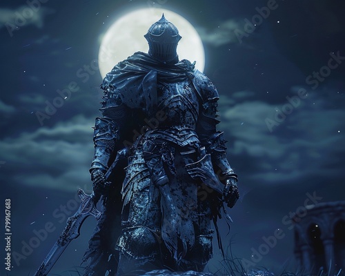 Capture the frontal view of a resilient crusader standing tall in the night under the soft  moonlit glow  showcasing strength and determination in intricate detail