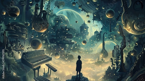 Create a surreal scene where a figure surrounded by a hundred floating musical instruments experiences a whirlwind  photo