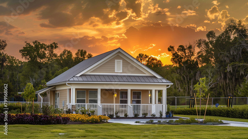 Lush sunset backdrop highlighting a new community clubhouse with a white porch and gable roof.