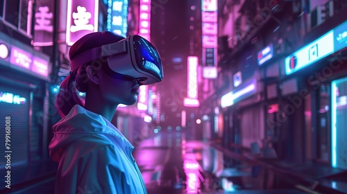 Venturing Metaverse: Woman in VR Headset Traversing Neon-Infused Cyber Cityscape