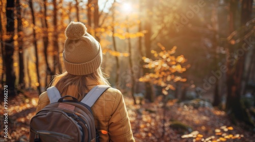 A Woman Hiking in Autumn Forest photo