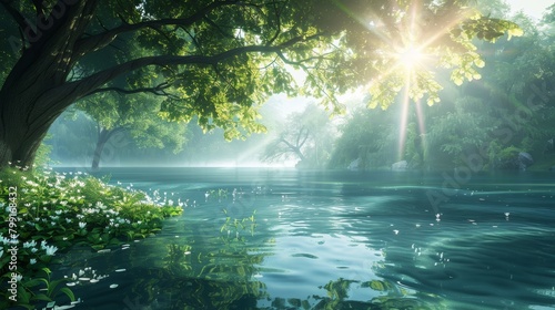 The sun shines through the forest canopy  creating a dappled pattern on the tranquil water below.