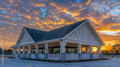 Luxurious new clubhouse with a white porch and gable roof under a stunning sunset sky, captured in ultra high definition.