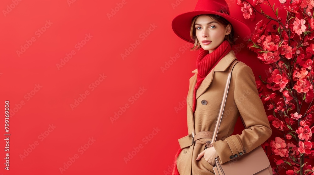 The photo shows a woman wearing a red hat, scarf, and brown coat The photo shows a woman wearing a red hat, scarf, and brown coat