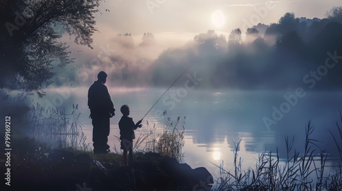 Father Son Bonding Fishing at Misty Dawn Lake © spyrakot