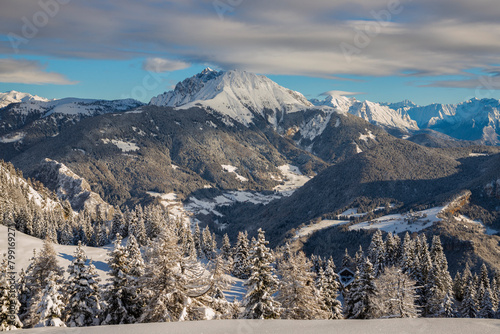 snowy winter landscape of Val di Scalve, Italian Alps, Lombardy, Italy.