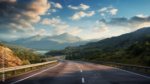 Highway landscape at colorful sunset in summer. Mountain road landscape at dusk. Beautiful nature scenery in green mountains. Travel landscape for summer vacation on highway. High quality photo