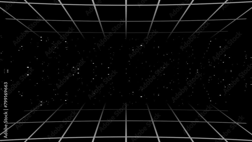 grid motion background, particles are slowly flying forward, Simple grid background with copy space. 3D perspective with moving camera.