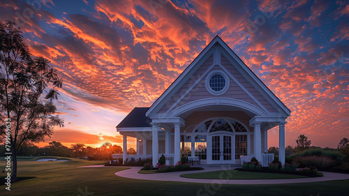 New clubhouse under a breathtaking sunset sky, showcasing a white porch and gable roof with a semi-circle window, in ultra HD. photo