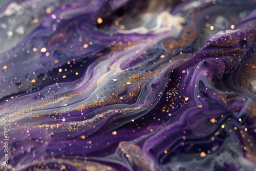 Luminous amethyst marble ink flowing gracefully over a celestial abstract landscape, twinkling with radiant glitters, invoking elegance.