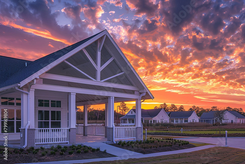 New construction community clubhouse with a white covered porch and gable roof during a dramatic sunset, captured in ultra HD. photo