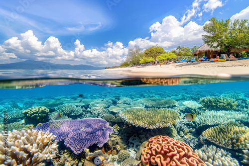 Split View of Sandy Beach and Coral Reef