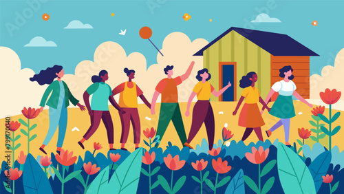 A group of formerly individuals depicted with joyful expressions and holding hands walking towards a cabin and freedom in a field of blooming flowers.. Vector illustration