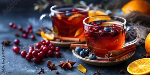 still life with autumn & winter hot tea with fruit berries on wooden table background photo