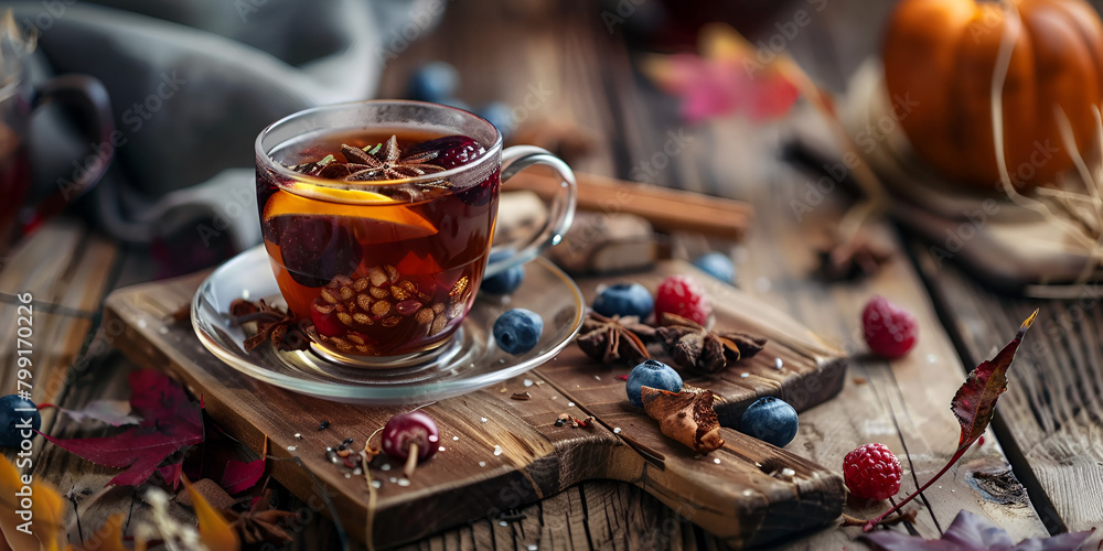 still life with autumn & winter hot tea with fruit berries on wooden table background