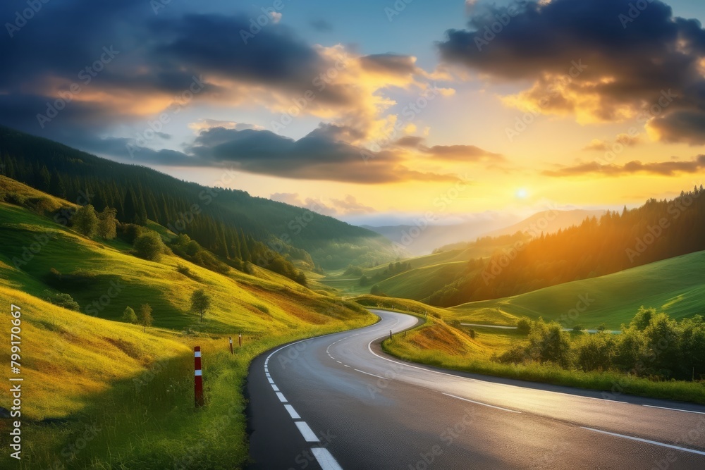 Highway landscape at colorful sunset in summer. Mountain road landscape at dusk. Beautiful nature scenery in green mountains. Travel landscape for summer vacation on highway. High quality photo