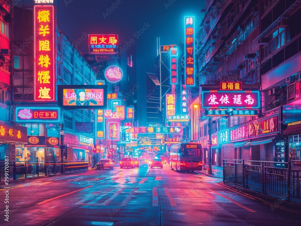 Neon lights and signs illuminate a busy city street. Scene is energetic and bustling, with the neon lights adding a sense of excitement