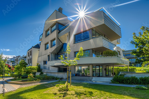 Postmodern residential building with a bold  asymmetrical design  captured on a bright  sunny summer day.