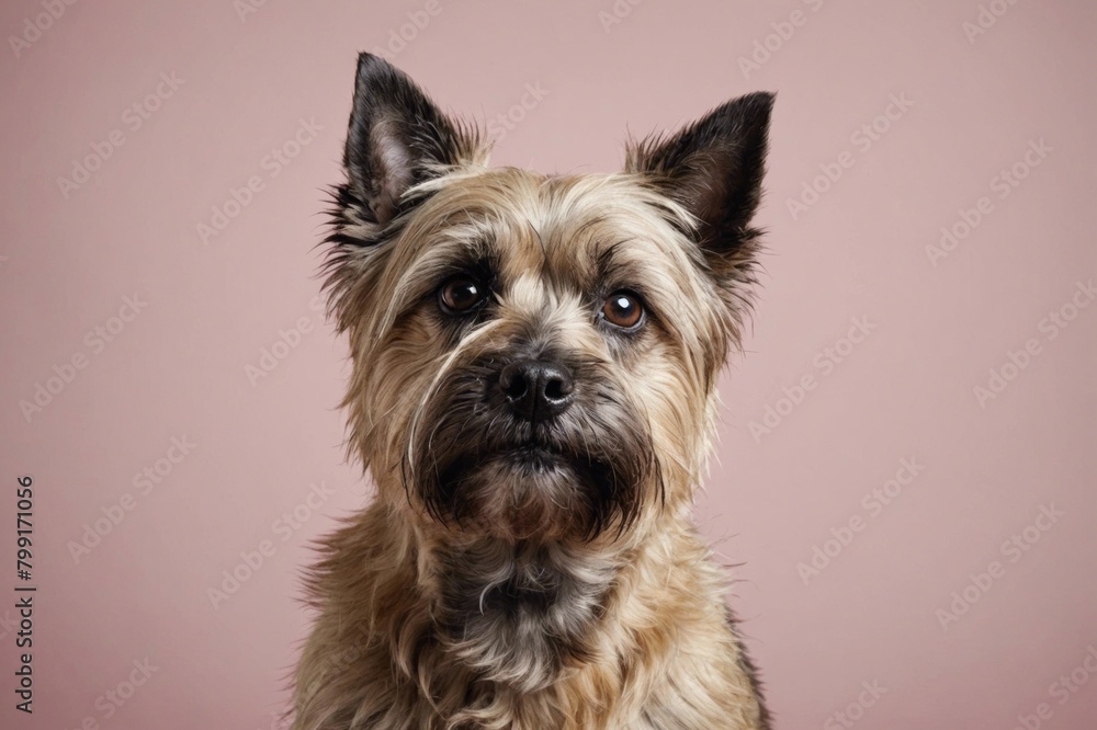 Portrait of Cairn Terrier dog looking at camera, copy space. Studio shot.