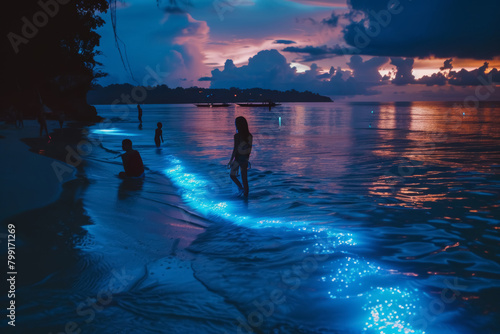 Children Playing in Bioluminescent Ocean at Night. © spyrakot