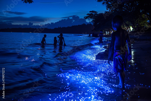 Children Playing in Bioluminescent Ocean at Night.