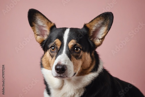 Portrait of Cardigan Welsh Corgi dog looking at camera, copy space. Studio shot.