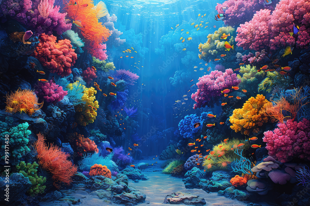 An underwater scene showcasing vibrant coral reefs and marine life, creating an enchanting oceanic backdrop for product display or promotional content. Created with Ai