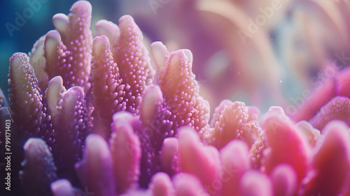 Close-up of pink sea anemones with a soft focus background in underwater scenery.