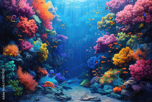An underwater scene showcasing vibrant coral reefs and marine life, creating an enchanting oceanic backdrop for product display or promotional content. Created with Ai © zee