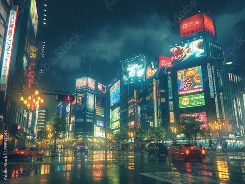 A city street at night with neon signs and rain. Scene is lively and bustling  with cars driving down the street and people walking around. The neon signs add to the energy of the scene