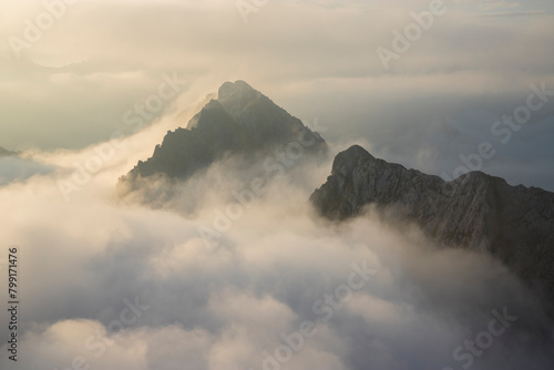 A peack of Adamello park in the morning with fog during summer season, Lombardy, Italy.	 photo
