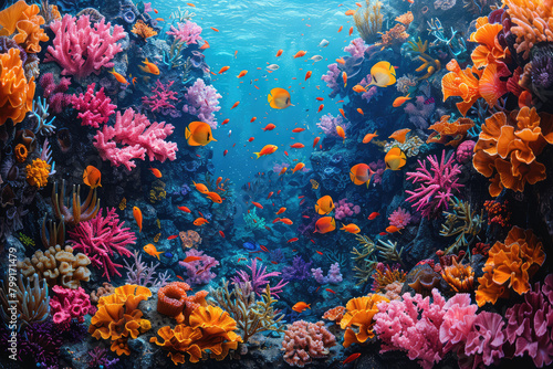 An underwater scene showcasing vibrant coral reefs and marine life, creating an enchanting and colorful backdrop for product display or advertising. Created with Ai © zee